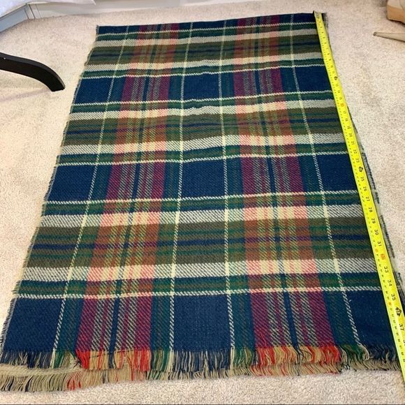 Navy blue forest green red beige plaid check soft warm fall winter blanket scarf - Picture 5 of 7